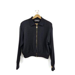 St John Sport Black Zip Front Sweater Womens S Long Sleeve Collared Santana Knit